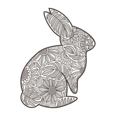 Renk sayfası, kitap, dövme, grafik tasarımı için beyaz arkaplanda izole edilmiş siyah çizgili tavşan çizimi
