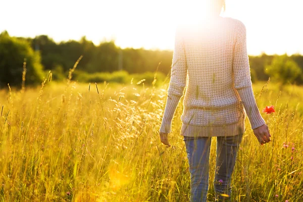 Молода жінка, що йде в полі до сонця, тримає макову квітку . — стокове фото