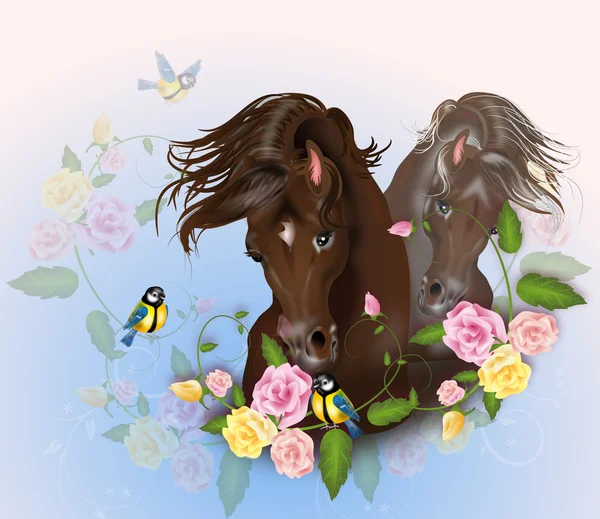 Schöne braune Pferde mit Rosendekoration — Stockfoto