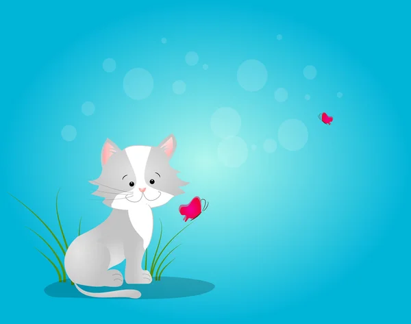 Katze auf blauem Hintergrund mit Schmetterlingen — Stockfoto