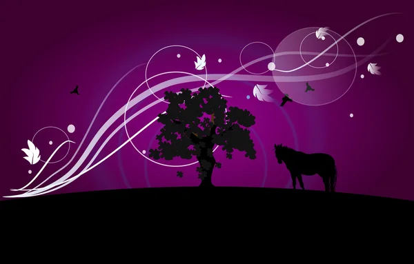 Wallpaper with tree and horse silhouette — Stock Photo, Image