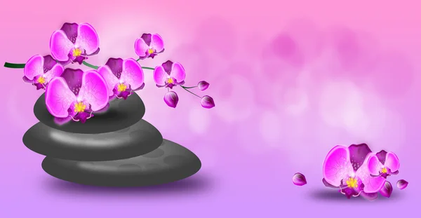 Banner de bienestar con piedras de orquídea y spa — Foto de Stock