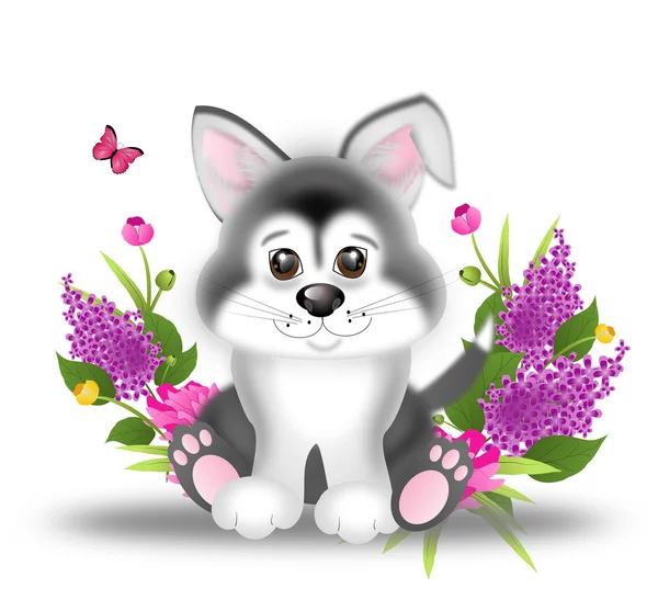 Niedlichen sibirischen Husky Welpen mit Blumen — Stockfoto