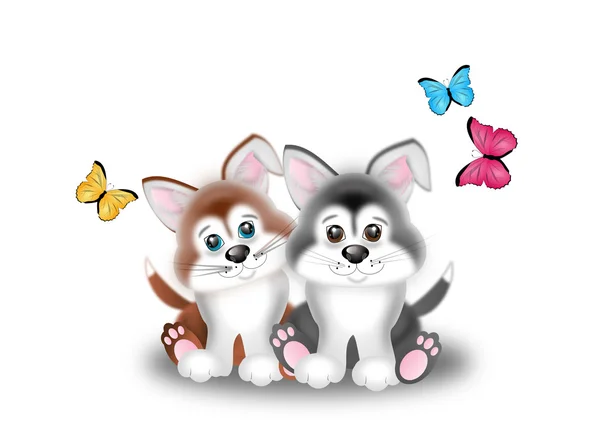 Dois cachorros com borboletas — Fotografia de Stock