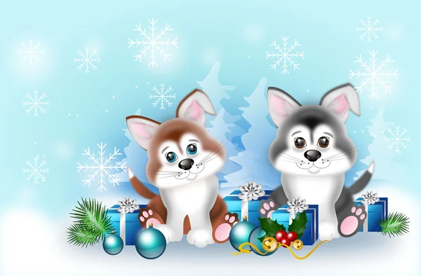 Twee puppies met Kerstdecoratie — Stockfoto