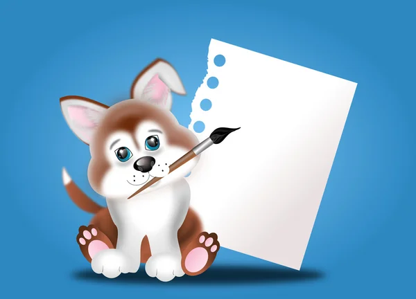 Small puppy with blank sheet paper — Stock Photo, Image