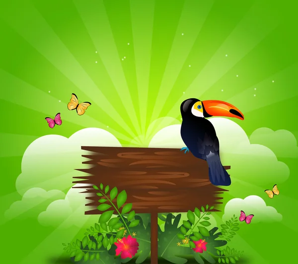 Wooden board with toucan on extotic background — Stock Photo, Image