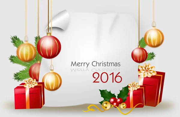 Christmas background with gifts and bulbs with text
