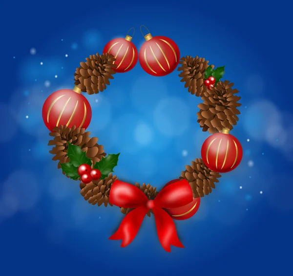 コーンと青の光沢のある背景にクリスマスの球根の花輪 — ストック写真
