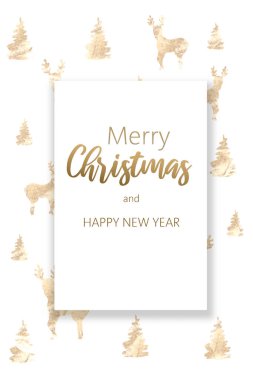Altın geyik ve ağaçlarla mutlu noeller için tebrik kartı tasviri