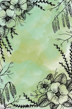 Siyah çizgili çiçek çerçeveli yeşil suluboya arkaplan