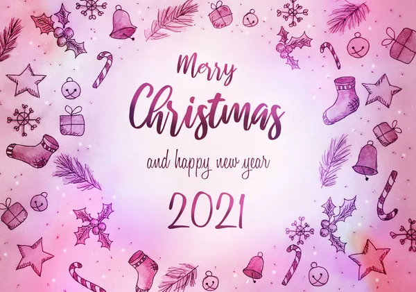 クリスマスグリーティングカードとともにクリスマスオブジェクトでピンク — ストック写真