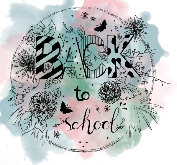 Illustration Etikett Tillbaka Till Skolan Med Blommig Design — Stockfoto