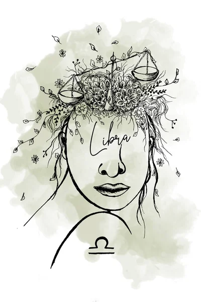 Zodiac Tecken Libra Kvinna Med Akvarell Bakgrund — Stockfoto