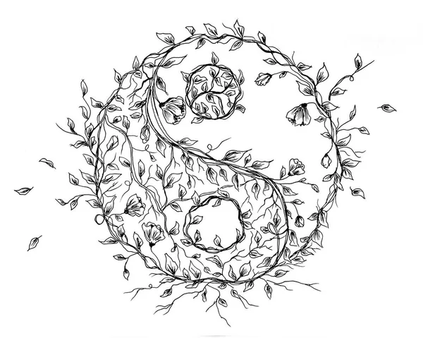Illustration of yin yang circle with leaves ornaments