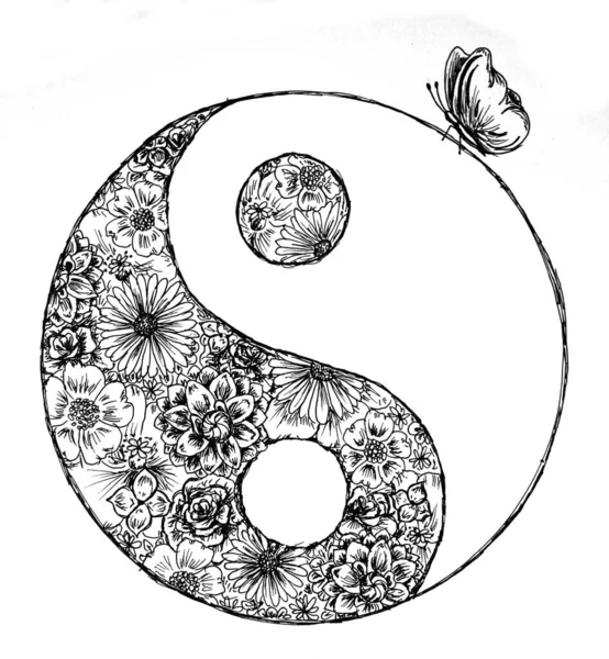 Ilustracja Koła Yin Yang Kwiatowymi Ozdobami — Zdjęcie stockowe