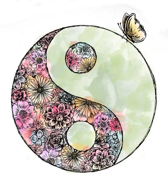Ilustracja Koła Yin Yang Kwiatowymi Ozdobami — Zdjęcie stockowe