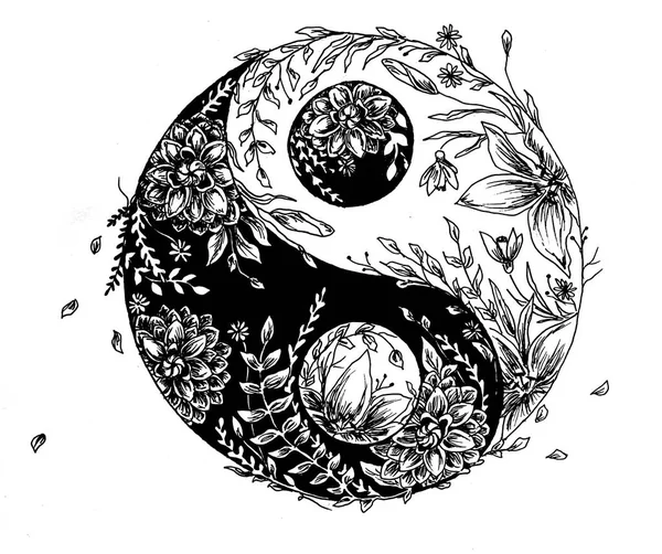 Illustrazione Cirlce Yin Yang Con Disegno Floreale Immagini Stock Royalty Free