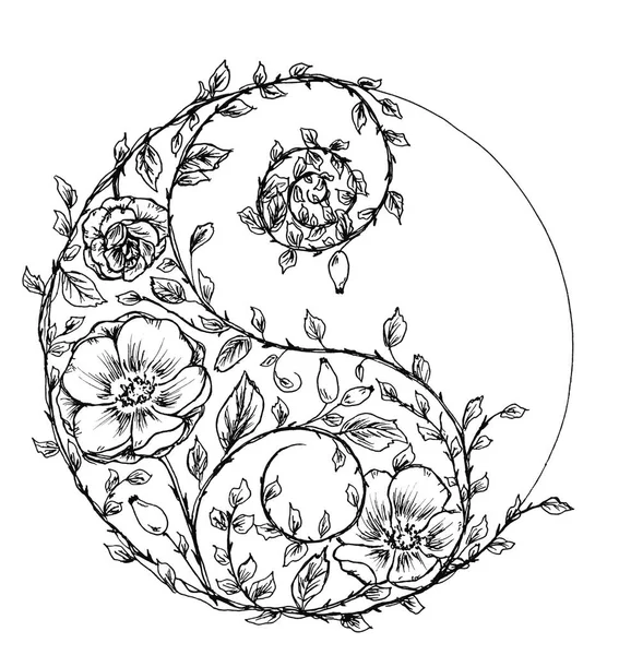 Illustration of yin yang circle with floral decoration and white background