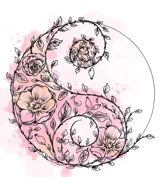 Illustration Cercle Yin Yang Avec Décoration Florale Fond Aquarelle — Photo