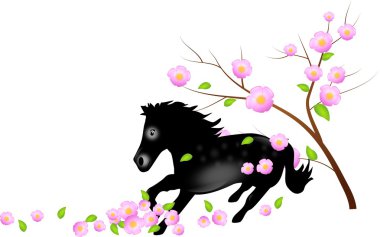 ağacın düşen blooms ile siyah at