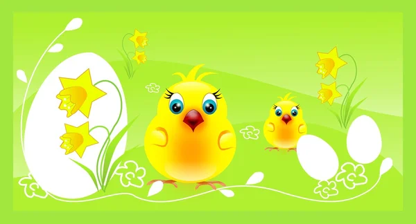 Two yellow chickens on easter background — Stock Photo, Image