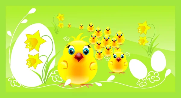 Tömeg a csirkéket a húsvéti háttér — Stock Fotó