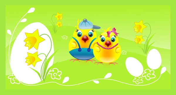 Chickens couple on happy green easter background — Stock Photo, Image