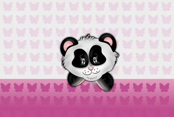 Panda head on pink butteflies background — Stock Photo, Image