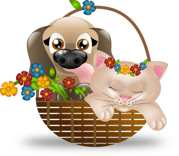 Welpe und Kätzchen im Korb mit Blumen — Stockfoto