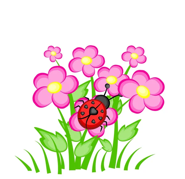 Joaninha dos desenhos animados em flores rosa — Fotografia de Stock