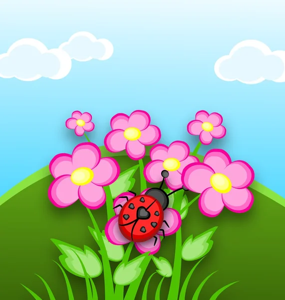 Cartoon Ladybug over bloemen — Stockfoto