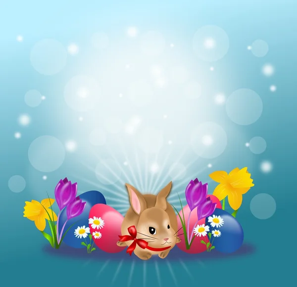 Easter rabbit with eggs and flowers background — Stock Photo, Image