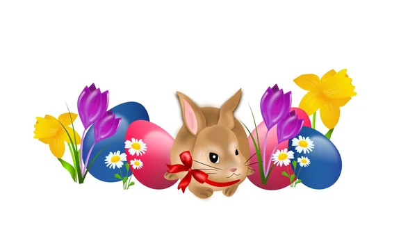 Великодній кролик з яйцями і квітами — стокове фото