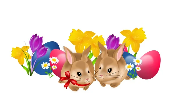 Easter rabbits with eggs and flowers — Stock Photo, Image