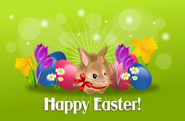 Coniglio pasquale con uova e fiori sullo sfondo — Foto Stock