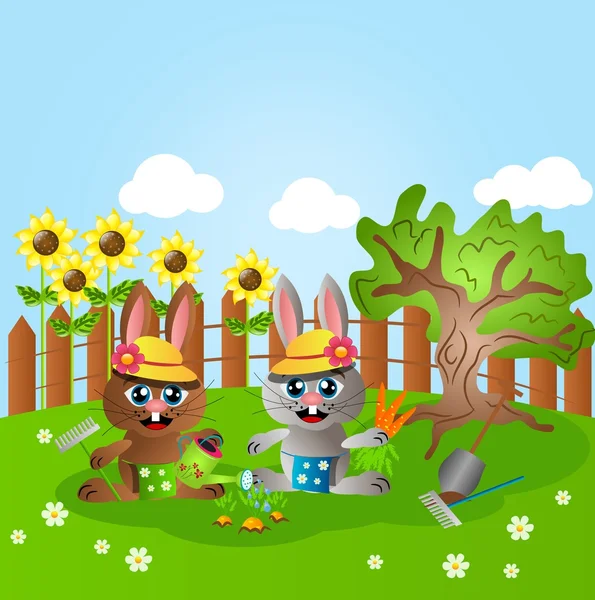 Rabbits gardening — Stock Photo, Image