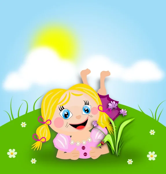Menina dos desenhos animados deitado na grama — Fotografia de Stock