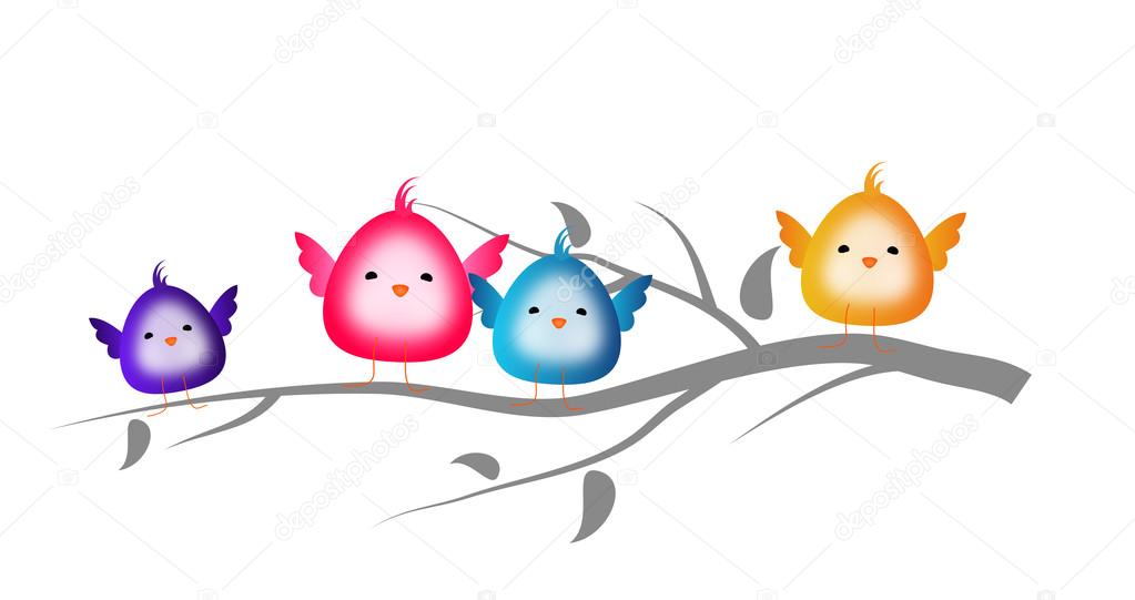 Colorful small cute birds sitting on twig of tree
