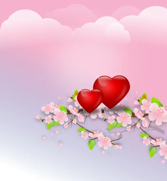 Cênica romântica com dois corações vermelhos — Fotografia de Stock
