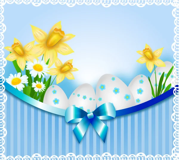 Jasnoniebieskie tło Wielkanoc z żonkil — Zdjęcie stockowe