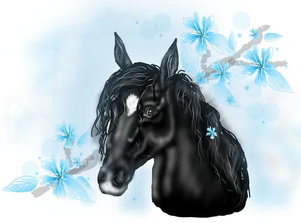 Illustrazione cavallo nero con fiori blu — Foto Stock