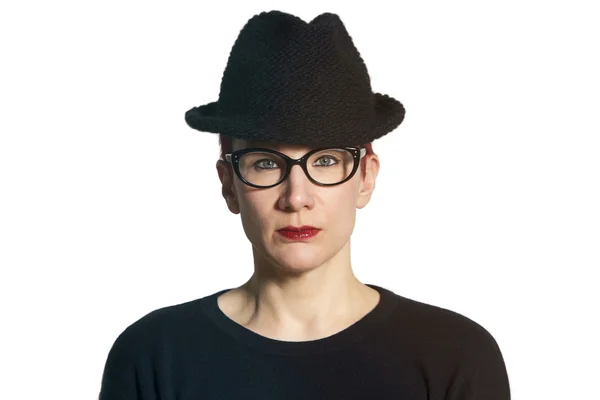 Portrait of woman with black hat and glasses — Stock Photo, Image