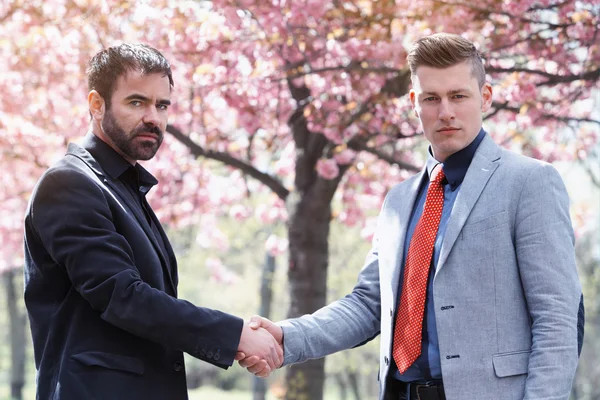 Two man shaking hands outdoors — Stock Photo, Image