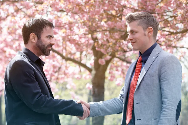 Two man shaking hands outdoors — Stok fotoğraf