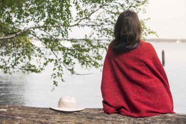 ağacın önünde bir göl üzerinde oturan kadın arka