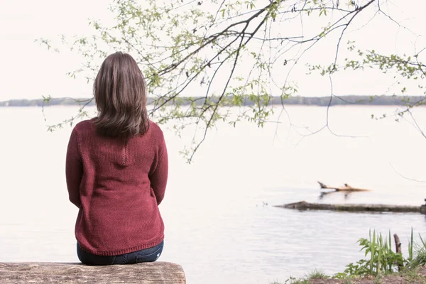 Parte posteriore della donna seduta su un albero di fronte a un lago — Foto Stock