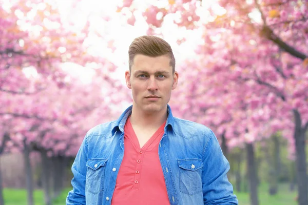 桜と屋外の男のポートレート — ストック写真