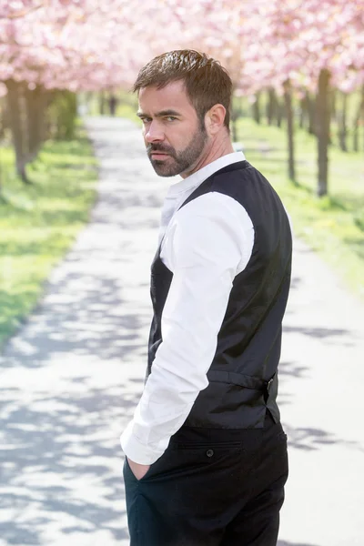 Portrait of man outdoors with cherry blossom — Stock Photo, Image