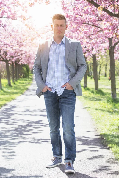 Retrato de homem ao ar livre com flor de cereja — Fotografia de Stock